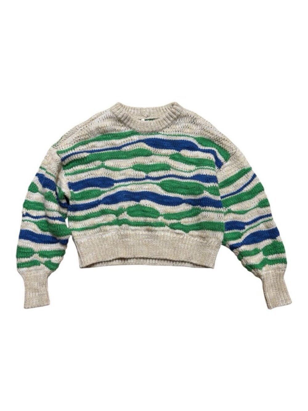 Aerie Women’s Wool Blend Striped Cropped Chunky Knit Sweater Medium Green Blue - Picture 2 of 5